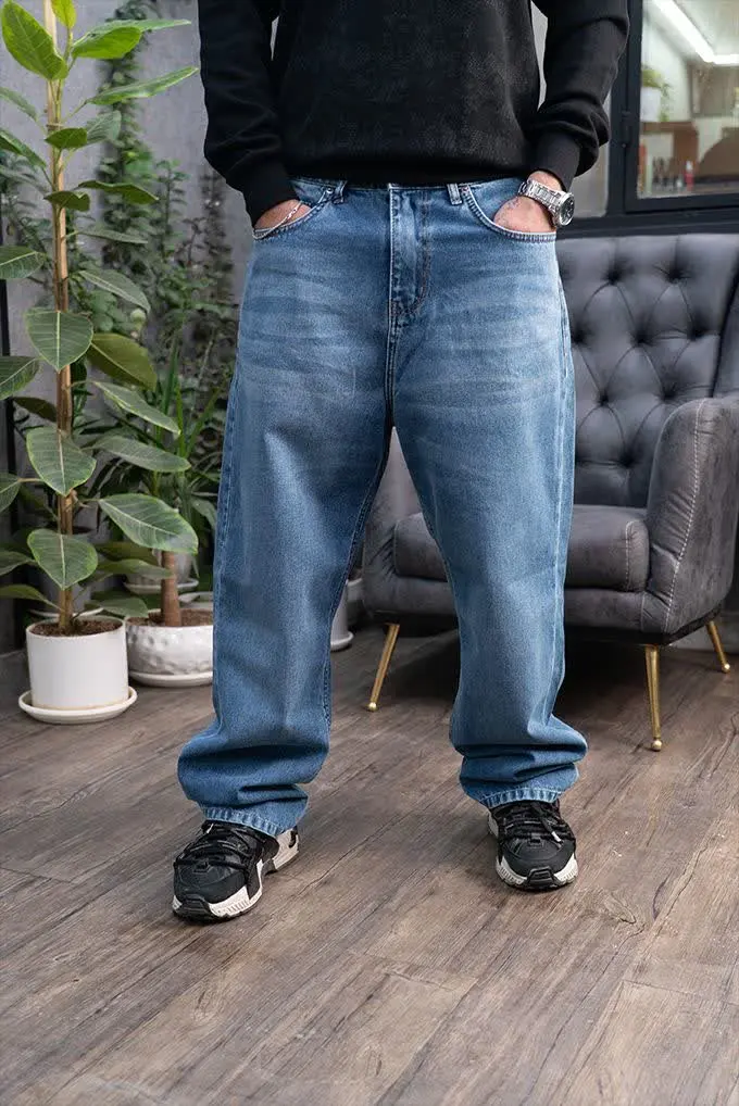 شلوار لی بگ مردانه رنگ آبی | پارچه پلامنت با ضمانت رنگ و کیفیت