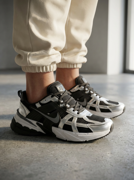 کتونی نایک وی تو کی V2K مدل 1012 رنگ مشکی نقره‌ای | استایل رانینگ مدرن و جسورانه